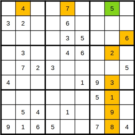 Versteckter eindeutiger Kandidat in Sudoku. Beispiel 3 Lösung